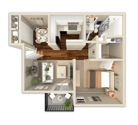 Floor plan for 1 bed, 1 bath, 633 sqft